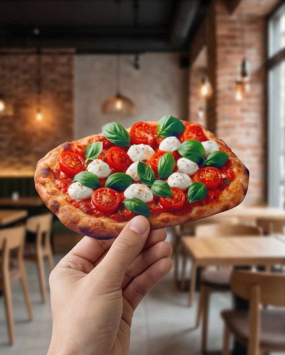 Die-cut pizza flyer held in restaurant