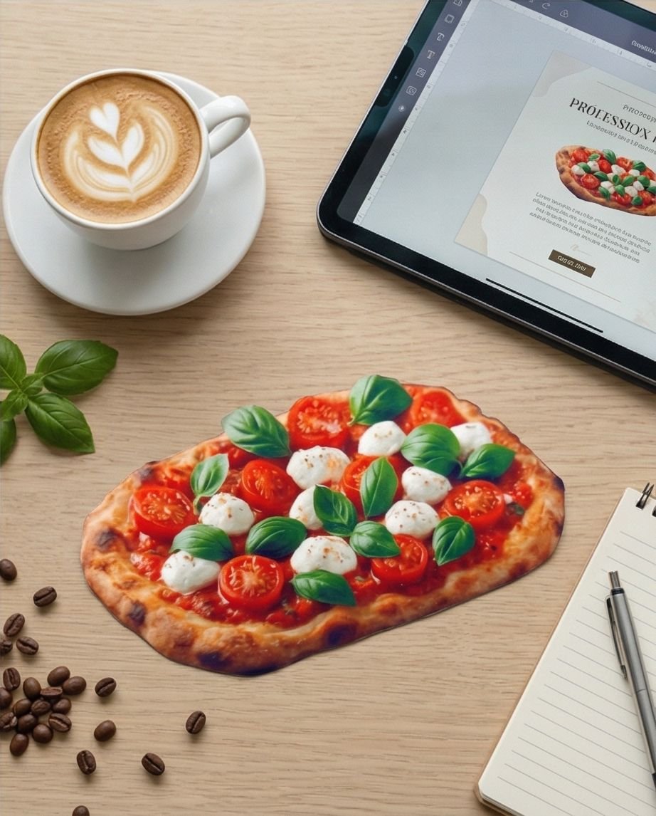Pizza flyer flat lay with coffee and tablet